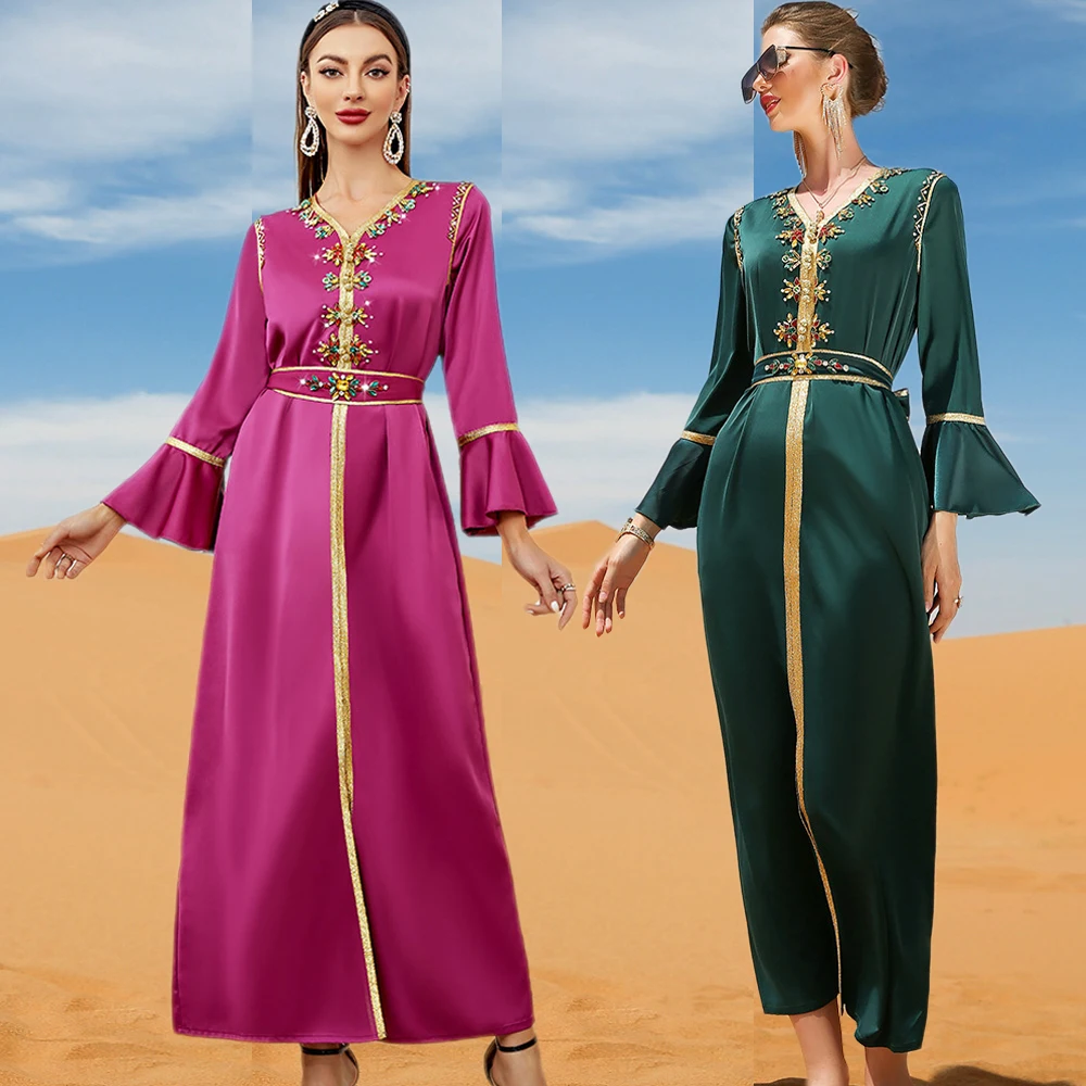 

Muslim Dress Women Ruffles Sleeve V-Neck Diamonds Belted Kaftan Split Hem Loose Eid Evening Abaya Femme Islam Dubai Robe Dresses