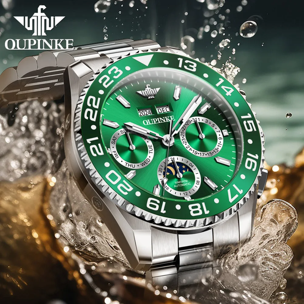 PINKE-Montre mécanique étanche entièrement automatique pour homme, montres de tempérament vissées, surface miroir saphir Shoous, phase de lune et date 3