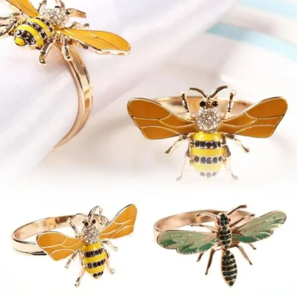 

4pcs Metal Napkin Rings Shining Drip Diamond Bee Dragonfly Style Napkin Towel Buckle Tissue Button Christmas