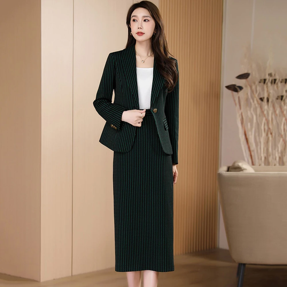 New Office Lady Green Stripe Skirt Suits Business Wear Spring Autumn Fashion Elegant Single Button Blazer Loose Split Skirt
New Office Lady Green Stripe Skirt Suits Business Wear Spring Autumn Fashion Elegant Single Button Blazer Loose Split Skirt