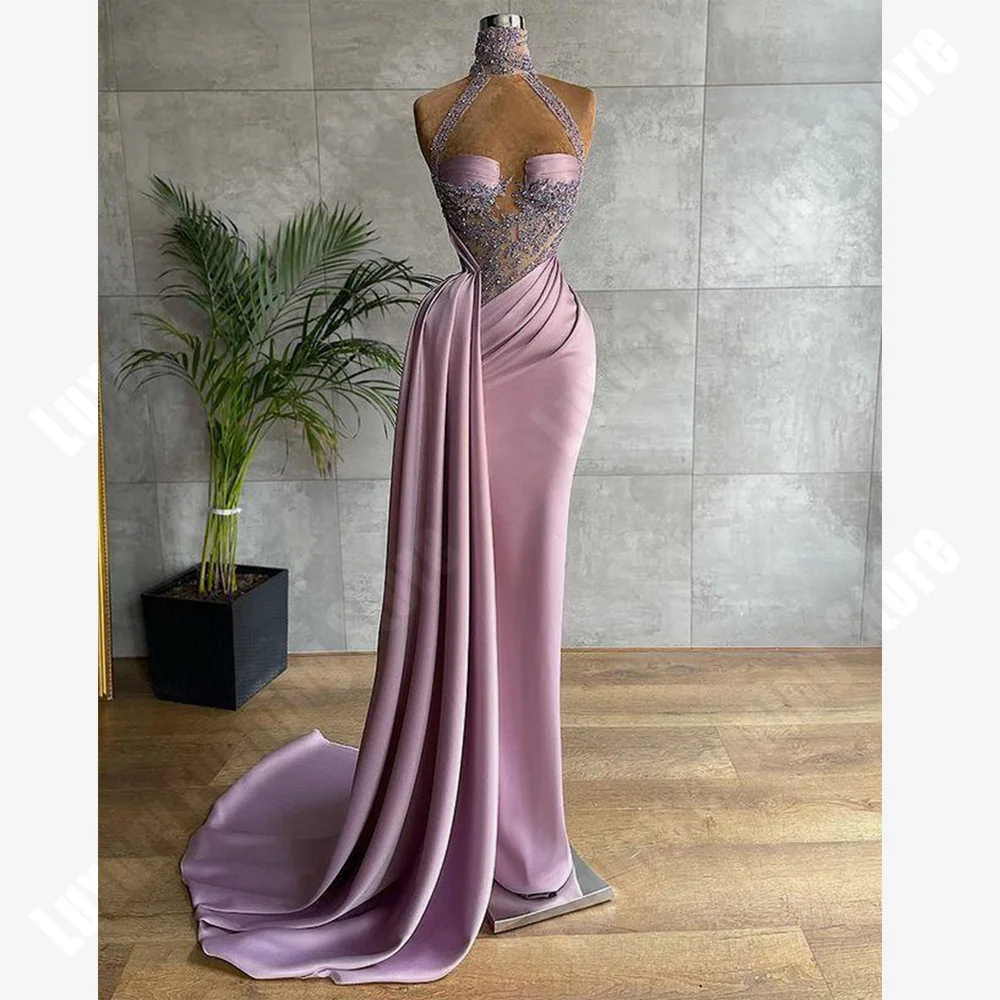 

Bright Pink Women's Satin Evening Dresses Elegant Strapless Applique Mermaid Celebrity Gowns Elegant Princess Vestidos De Noche