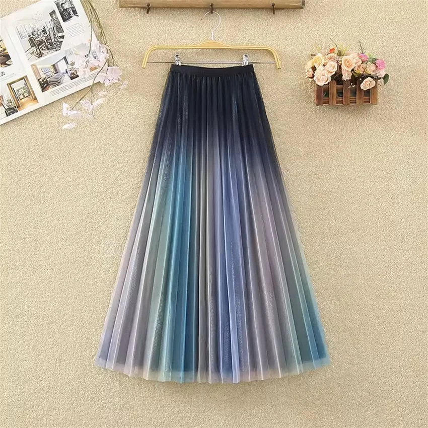 

Gowyimmes 2024 Big Size All-match Women Midi -long A-line Pleated Skirts Slim Lady High Waist Shiny Mesh Skirt Bottomings PD1720