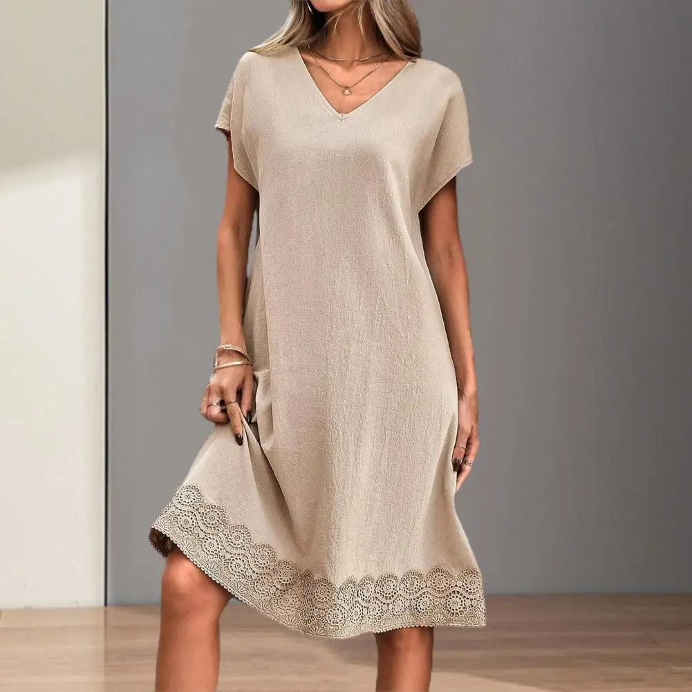 Summer Long Dress Elegant Lace Patchwork V Neck Midi Dress for Women Wear Knee Length Pullover with Short Sleeves Loose Fit
Summer Long Dress Elegant Lace Patchwork V Neck Midi Dress for Women Wear Knee Length Pullover with Short Sleeves Loose Fit