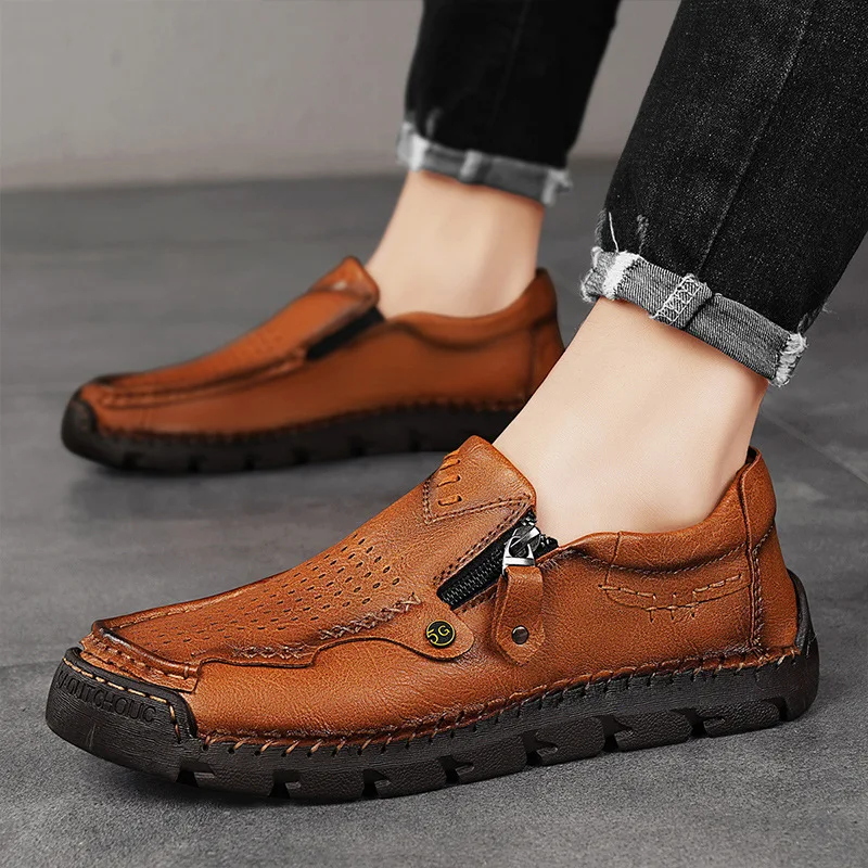 

Summer Breathable Men Leather Casual Shoes Hollow Design Male Handmade Soft Sole Male Slip on Loafers Moccasins