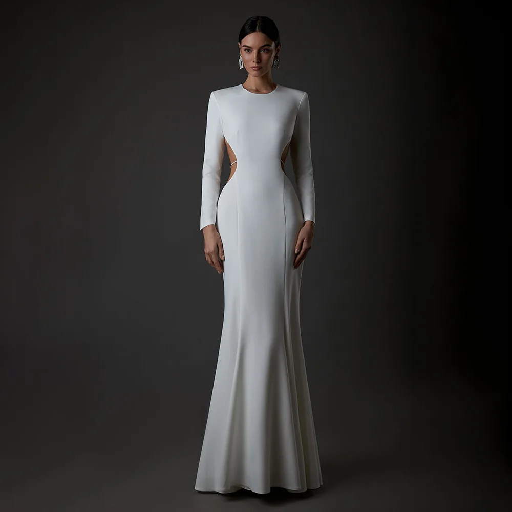 

Korean Fashion White Exposed Dress With Long Sleeves Luxury Evening Dresses 2023 Formal Occasion Rhinestone Fishtail Party Dress
