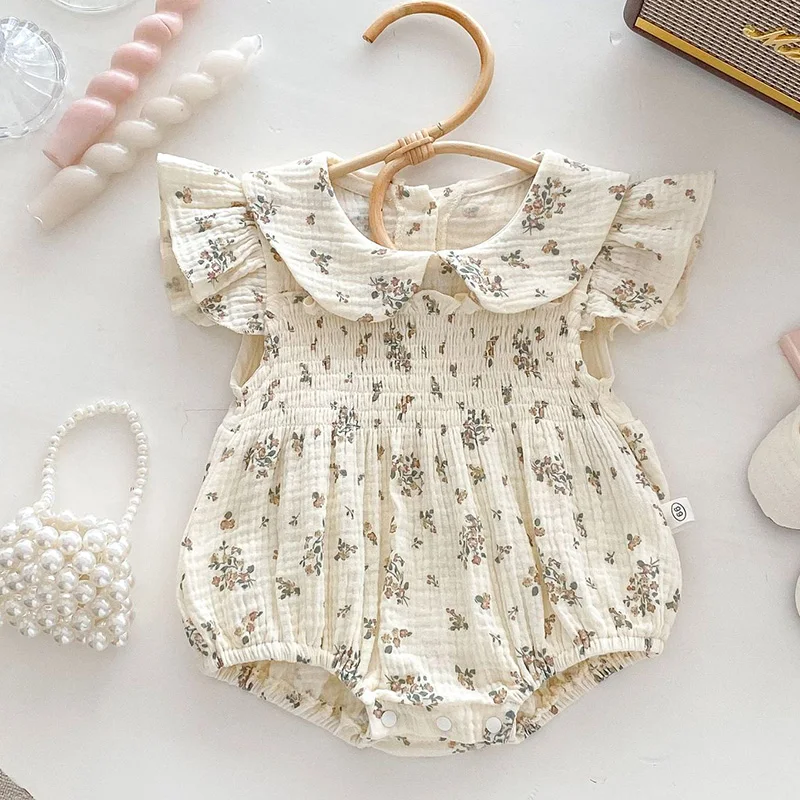 

2024 New Summer 0-24M Children Clothes Newborn Baby Girl Romper Flying Sleeve Cotton Floral Printing Toddler Baby Girls Jumpsuit