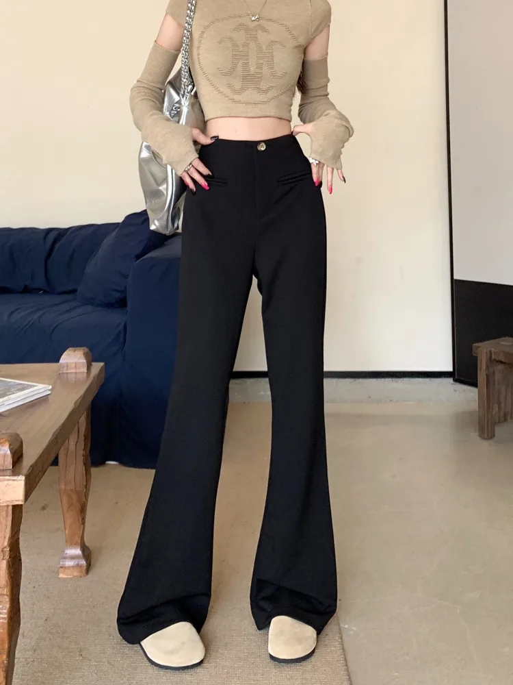 

High Waisted Drape Suit Pants For Women In Spring, Black Non Leg Fitting Micro Flared Pants, Loose Straight Leg Wide Leg Pants