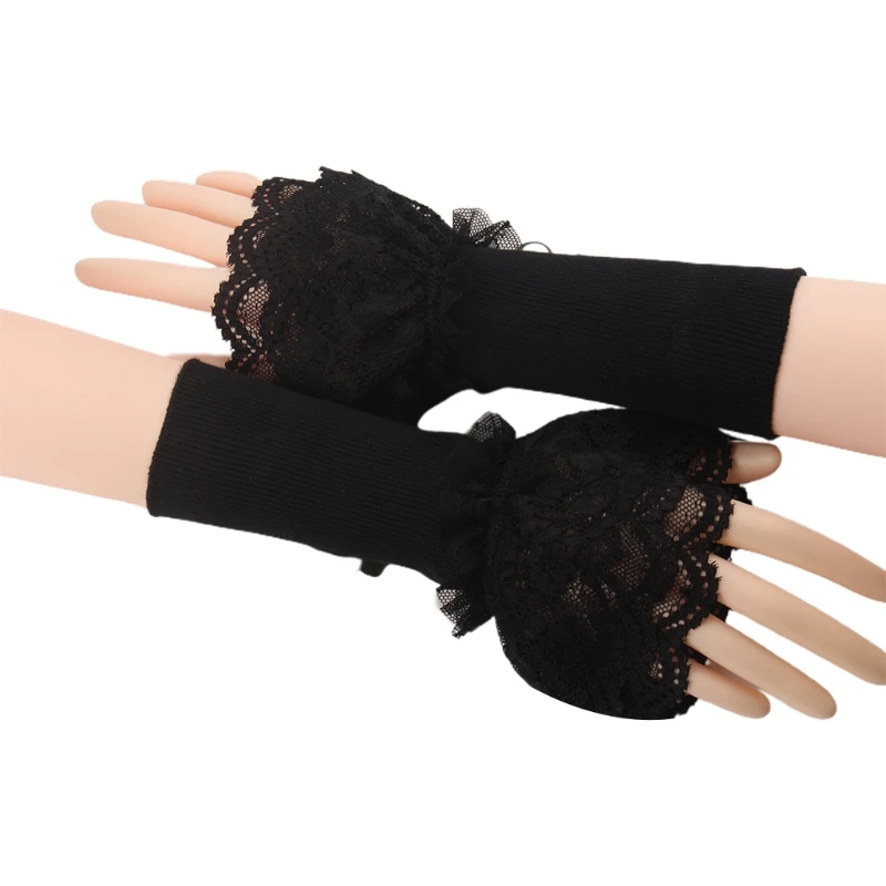 

Women Sweet Double Layer Lace Patchwork Arm Warmers Winter Ribbed Knitted Stretchy Fingerless Gloves Cover