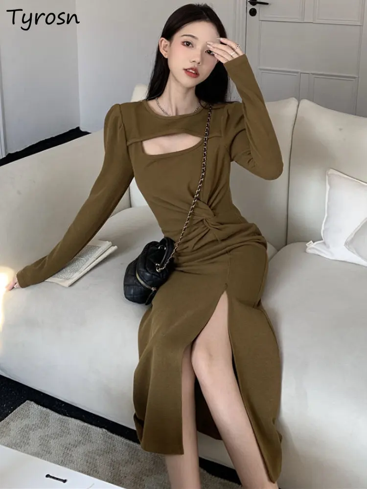 

Long-sleeve Dresses Women Hollow Out Elegant Midi Vestidos Spring Folds Leisure Simple Pure Korean Style Ladies Empire Tender