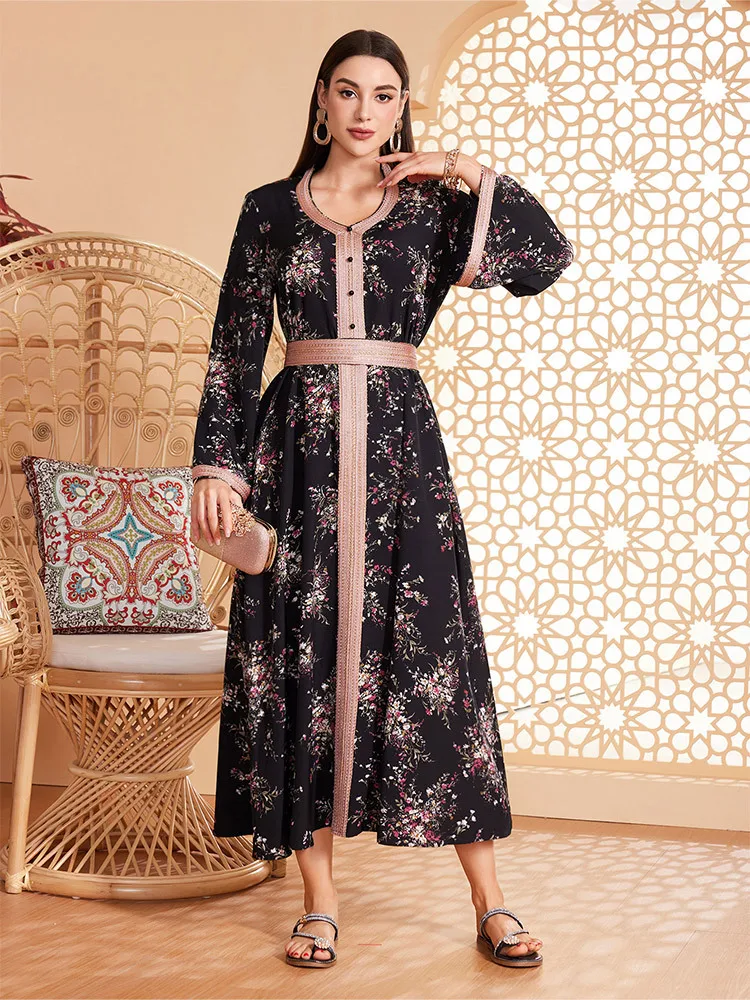 

Arab Dubai Abaya Floral Printed Maxi Dress Women Long Sleeve Muslim Turkey Moroccan Kaftan Saudi Islamic Abayas Dress Vestidos