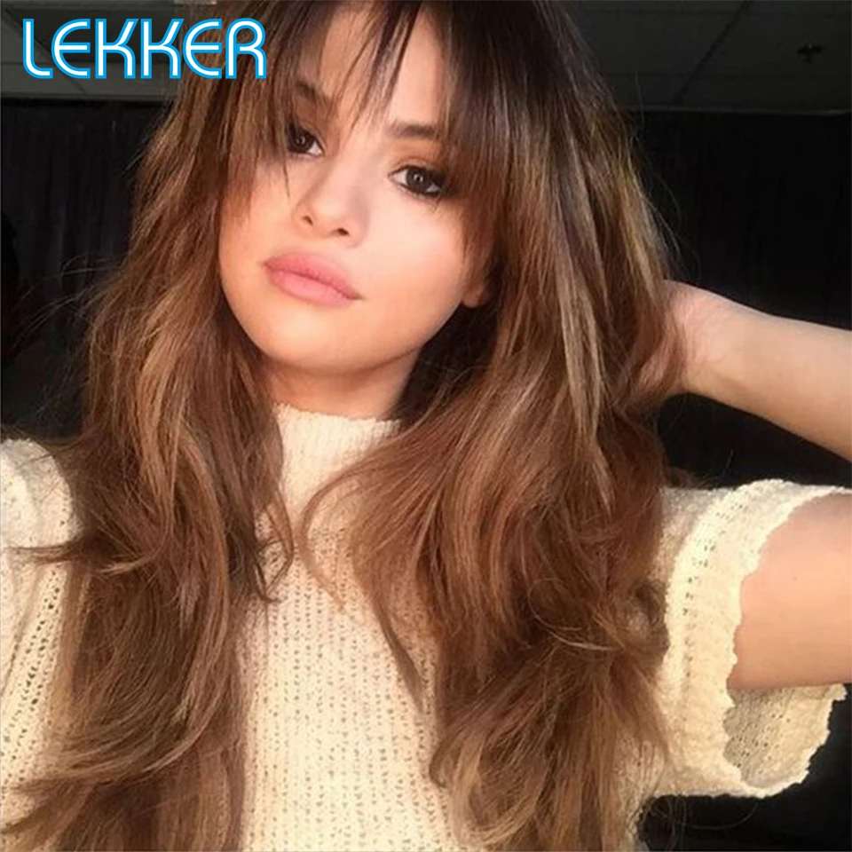 

Lekker Highlight Brown Body Wave Human Hair Wig With Bangs For Women Brazilian Remy Hair Glueless Wear to go 22" Deep Wavy Wigs