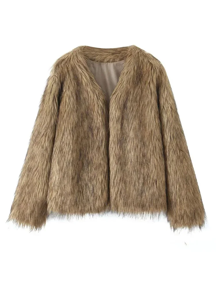 

HH TRAF Fashion Female Faux Fur Cropped Coat Elegant Warm Long Sleeve Jackets Open Front Women Vintage Fluffy Plush Outerwear