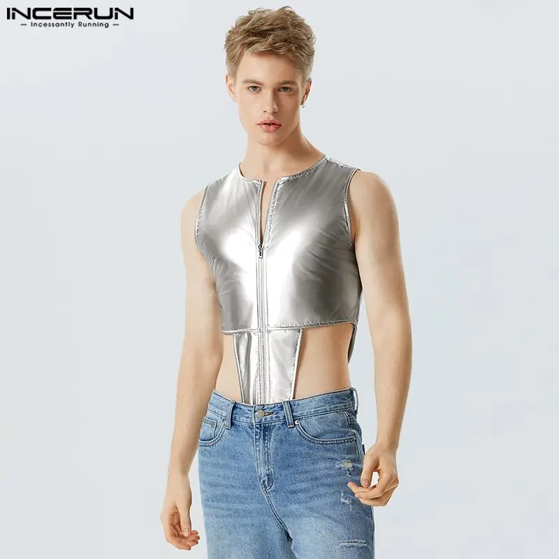 

INCERUN 2023 Sexy Homewear New Men's Bodysuits Fashion Male Mirror Leather High Fork Zipper Sleeveless Triangle Jumpsuits S-5XL