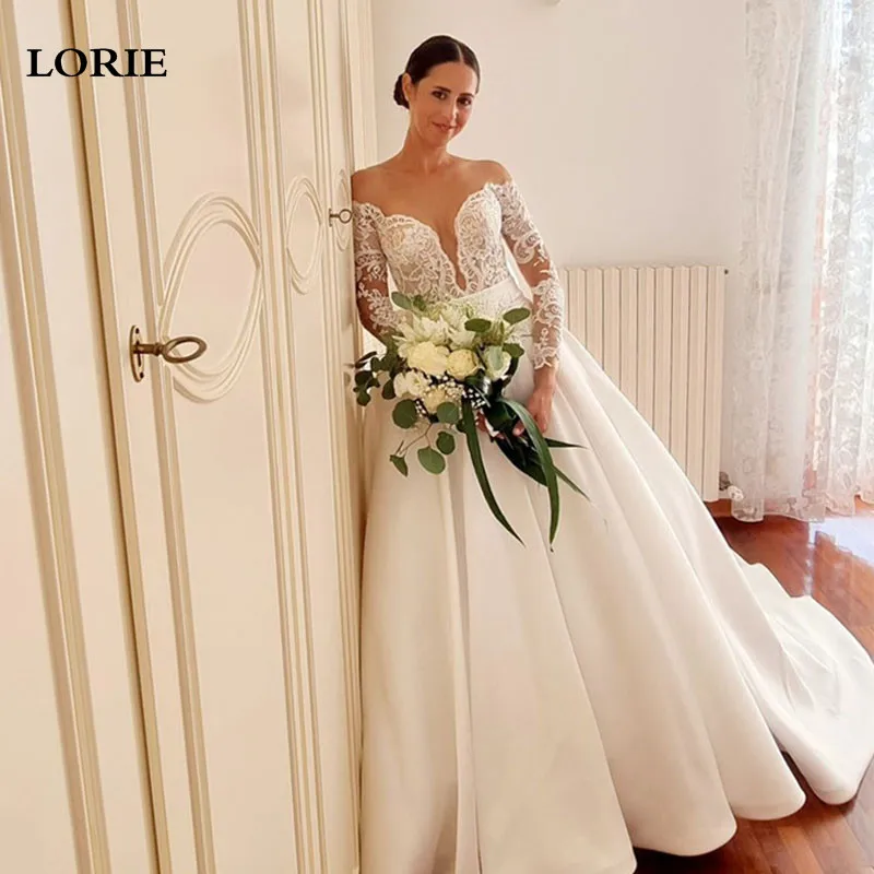 

LORIE Lace Wedding Dress Satin A Line Long Sleeve Bridal Dress vestidos de novia Nude Sheer Princess Wedding Gowns