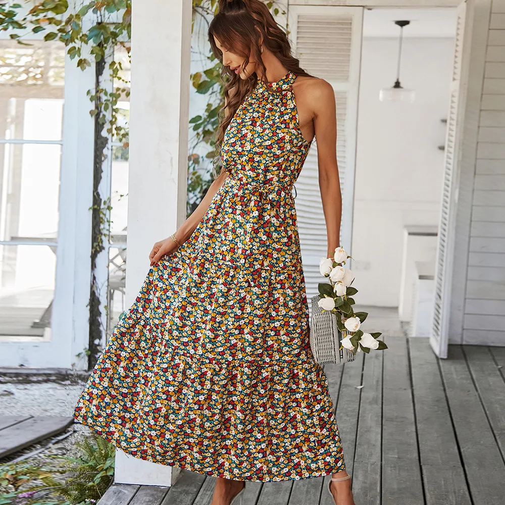 Women Dress Elegant Beach Style Print Neck-mounted Ankle-length Summer Dress
Women Dress Elegant Beach Style Print Neck-mounted Ankle-length Summer Dress