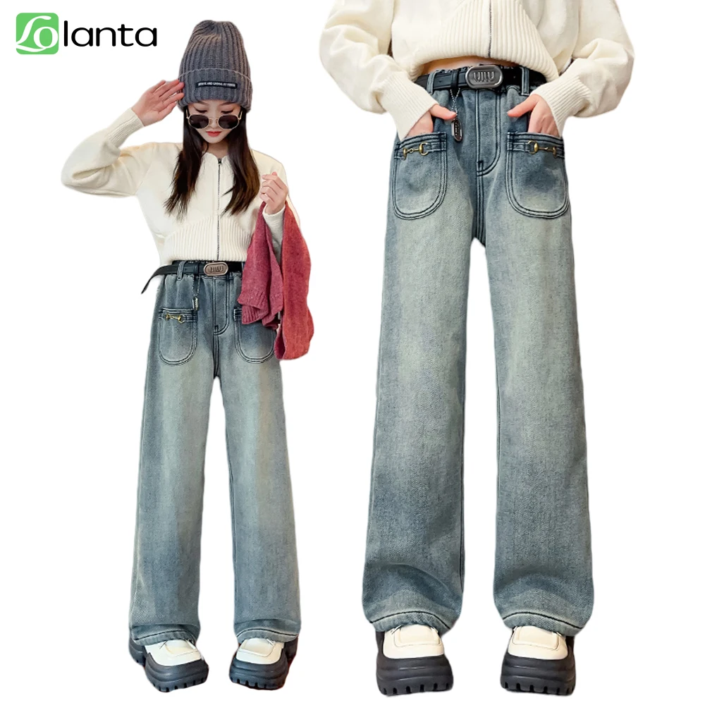 

LOlanta Girls' Casual Denim Wide-Leg Pants Kids Fashion Baggy Jeans Trousers School Children Bottoms 5-14 Years