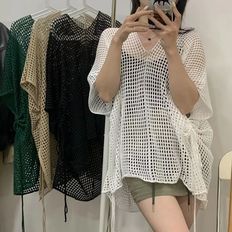V-neck Hollow Out Overall Short Sleeve Dress Women Summer Casual Loose Cover 
V-neck Hollow Out Overall Short Sleeve Dress Women Summer Casual Loose Cover
