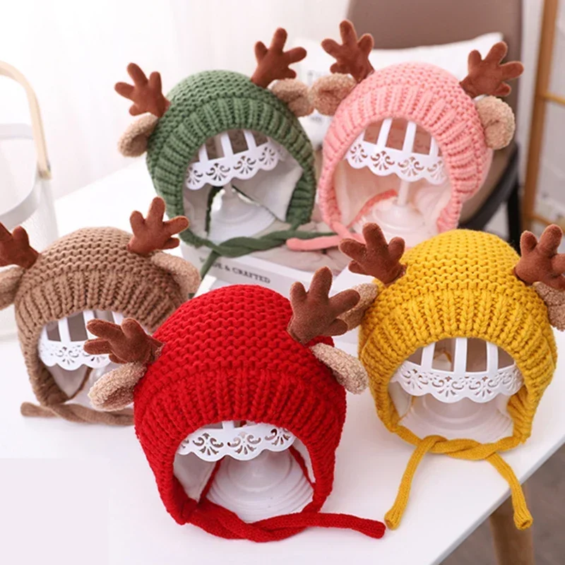 

Christmas Gift Elk Ears Baby Beanies Antlers Toddler Crochet Bonnet Infant Wool Knitted Hat Girl Boy Earmuffs Cap Winter Warmer