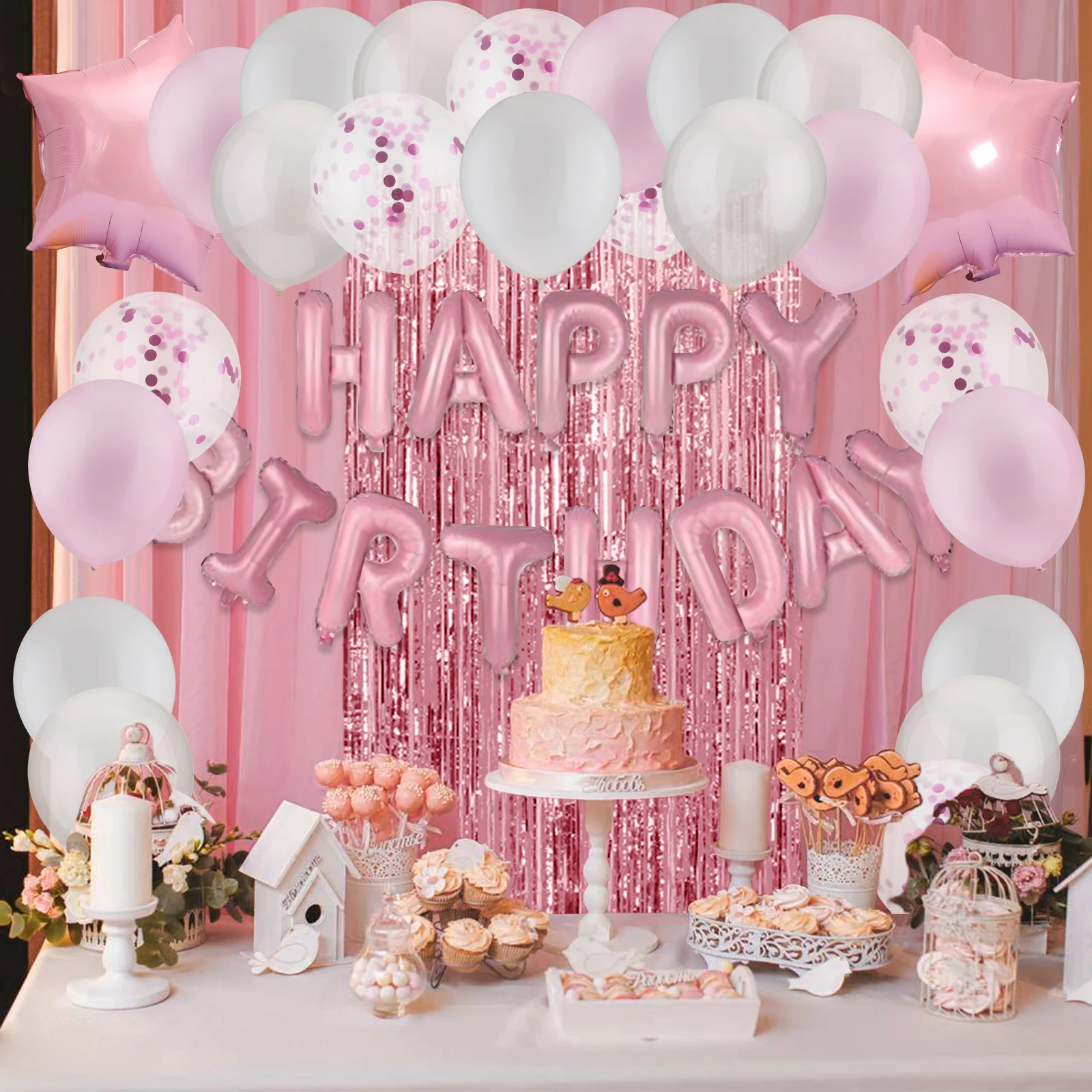 

Happy Birthday Macaroon Latex Balloons Colored Ribbon Banner Anniversary Party Decors Adult Baby Shower Globos Home Decorations
