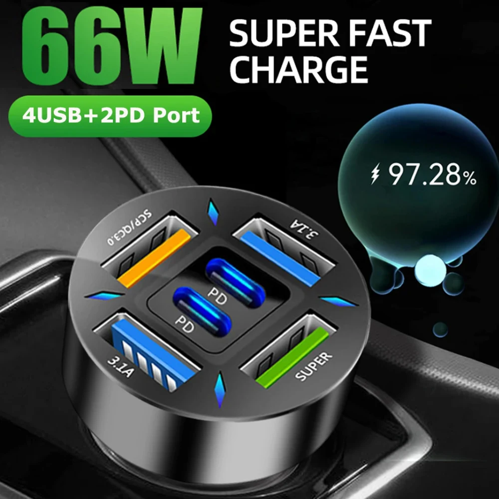 

66W USB Car Charger Quick Charge PD QC3.0 With Voltmeter Cigarette Lighter Socket Power Adapter For iPhone 11 12 Samsung Xiaomi