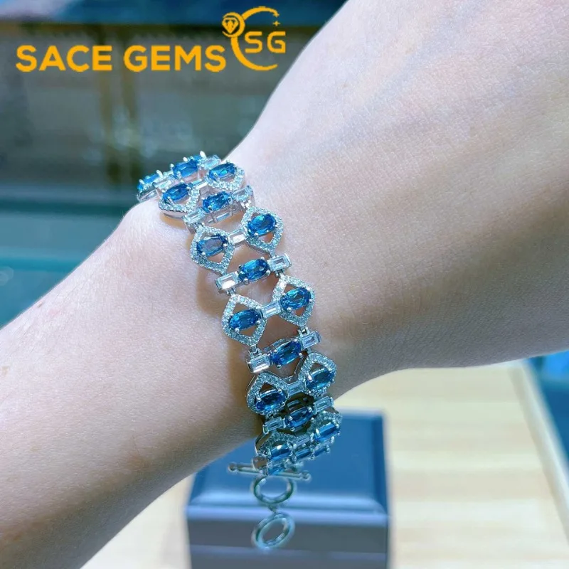 

SACEGEMS 925 Sterling Silver 3*5MM Natural London Blue Topaz Gemstone Bracelrts for Women Engagement Cocktail Party Fine Jewelry