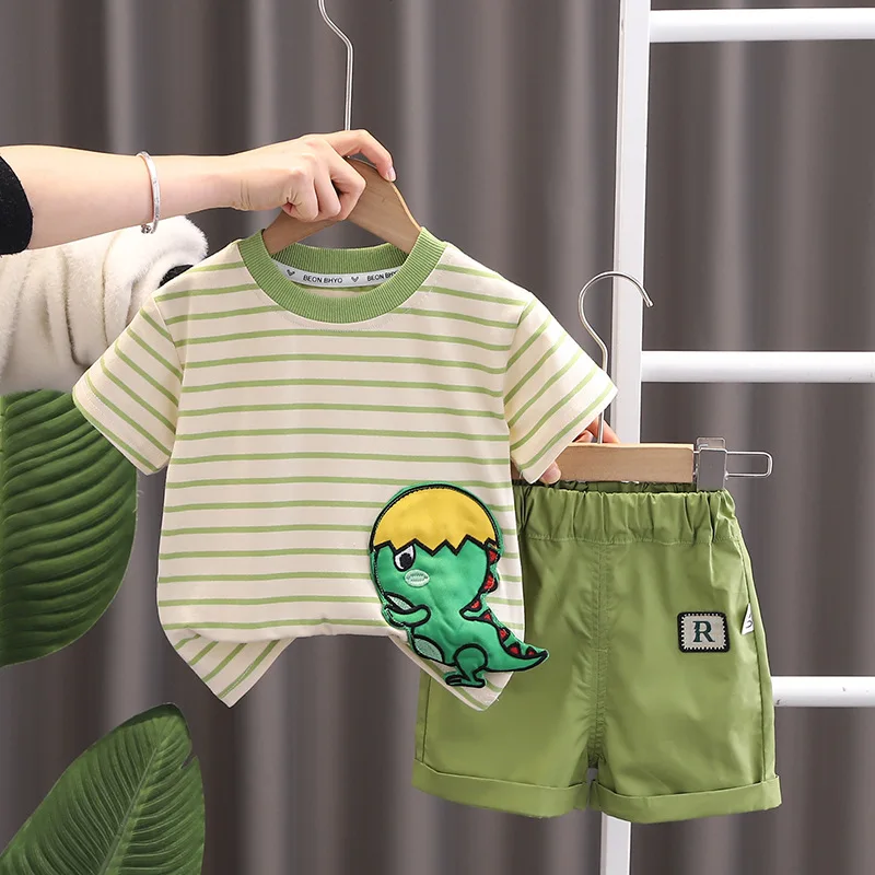 

Kids Summer Sets 2024 New Korean Fashion O-neck Dinosaur Stripes Short Sleeve T-shirt and Shorts Baby Boys Boutique Clothing