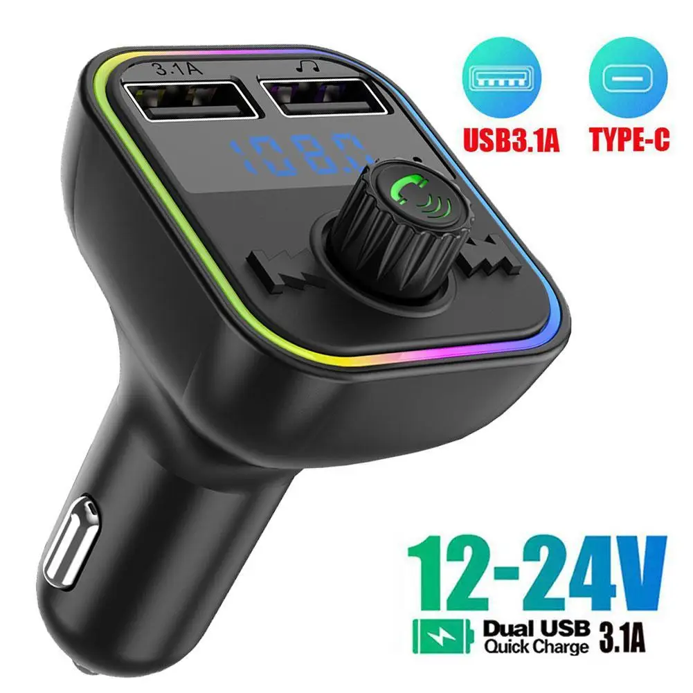 

Car Bluetooth 5.0 FM Transmitter PD Type-C Dual USB 3.1A Fast Charger Colorful Ambient Light Handsfree MP3 Modulator Player