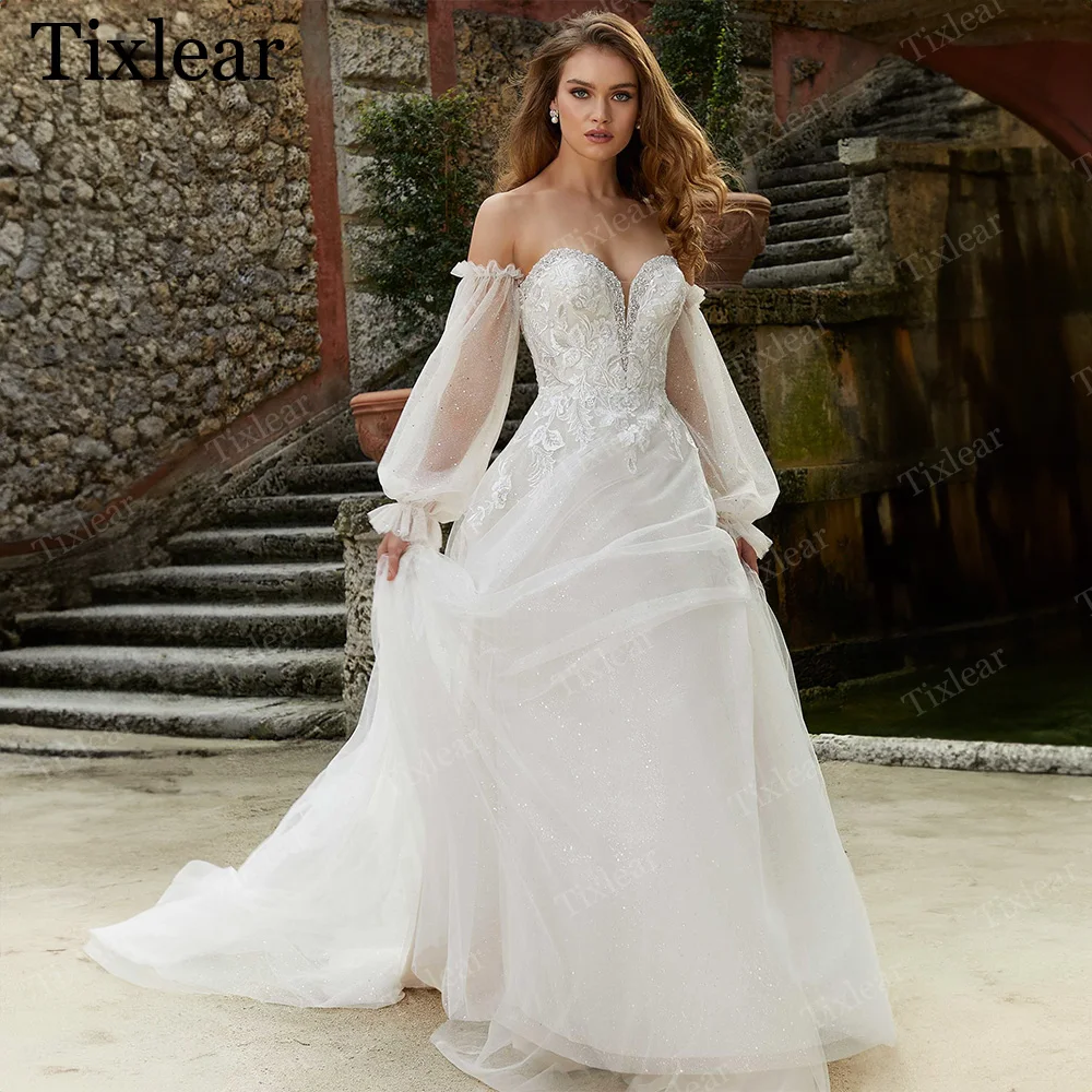 

TIXLEAR Elegant Sexy V-Neck Wedding Dress Detachable Puff Sleeves Sparkling Sequins Custom Made Bridal Gowns Vestidos De Novia