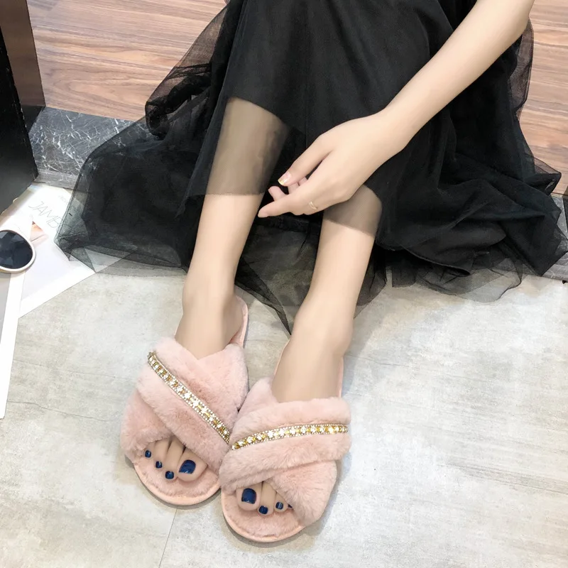 

Summer Outdoor Mules Slippers Women Fashion Square Toe Furry Flat Shoes Office Ladies Feather Slides Chic Flats Black White Blue