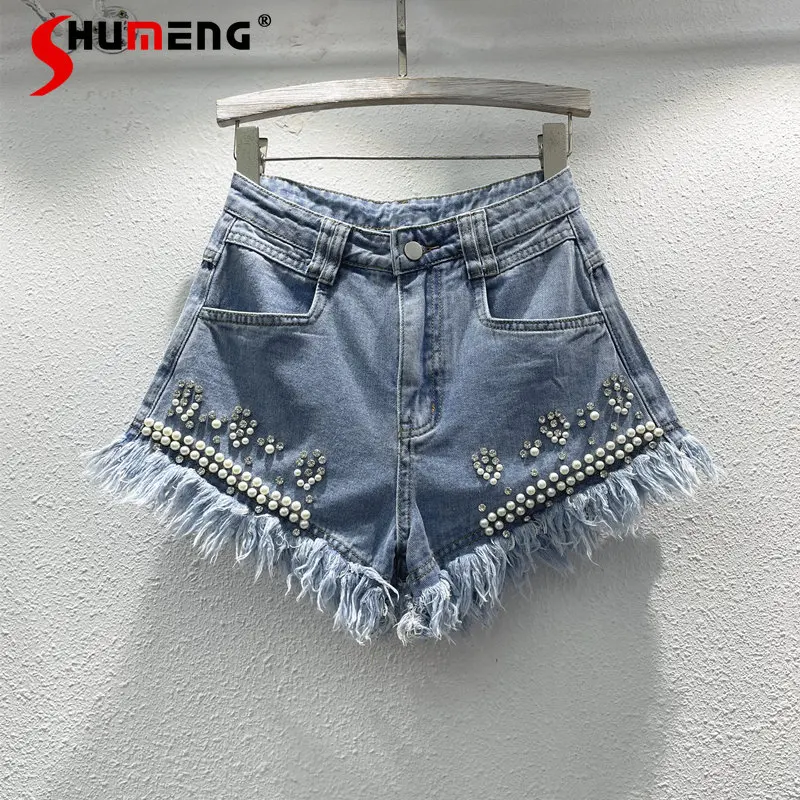 

Exquisite Rhinestone Denim Shorts Women's 2023 Summer New High Waist Slimming Raw Hem Wide Legs A- Line Hot Denim Pants