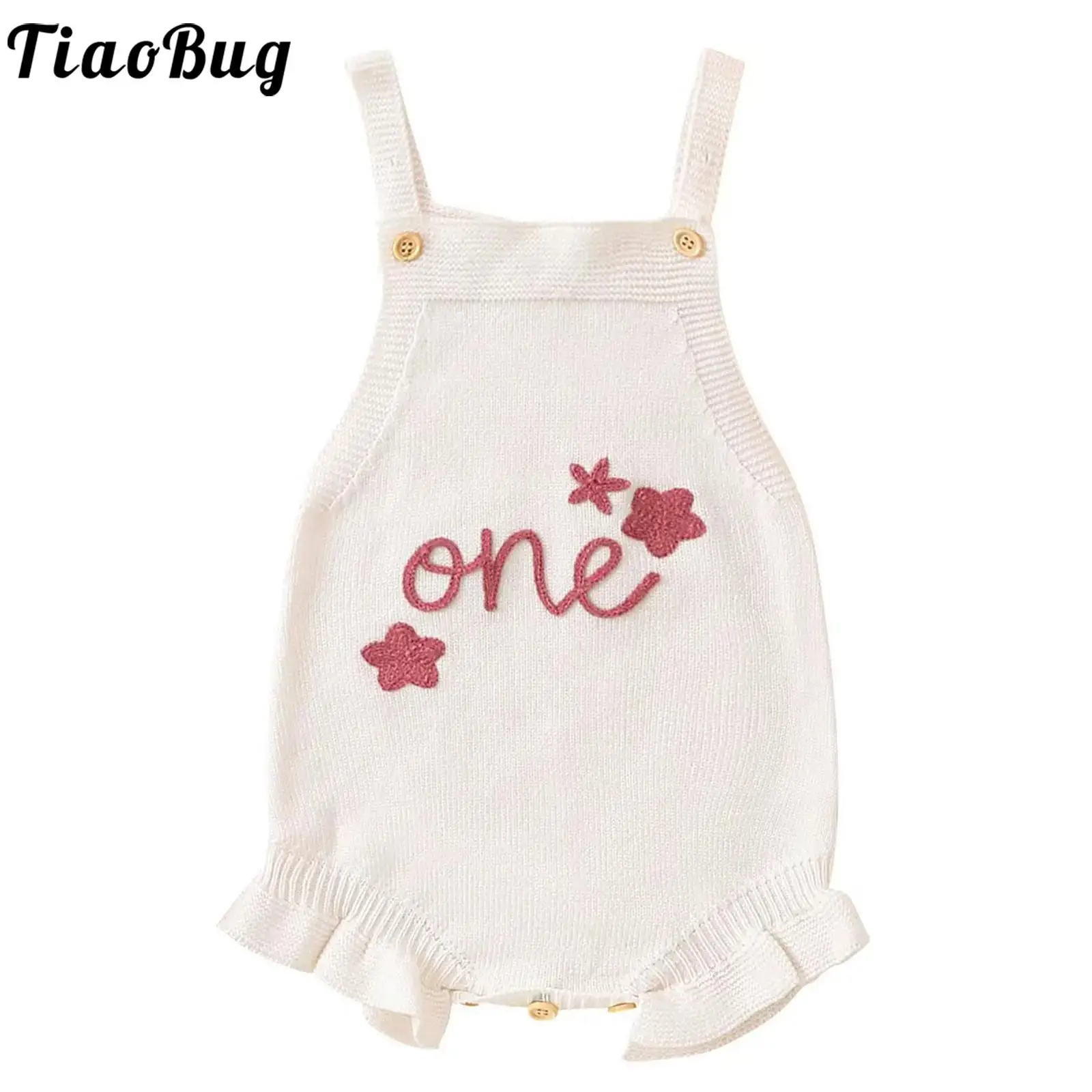 

Infant Baby Girl 1st Birthday Outfits Sleeveless Knit Sweater Romper Embroidery Ruffle Cake Smash Bodysuit for Christening Party