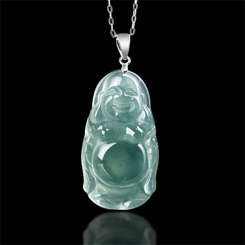 

925 Silver Natural Ice Green Jadeite Carved Buddha Lucky Pendant Amulet Chain Necklace Certificate Luxury Jade Vintage Jewelry