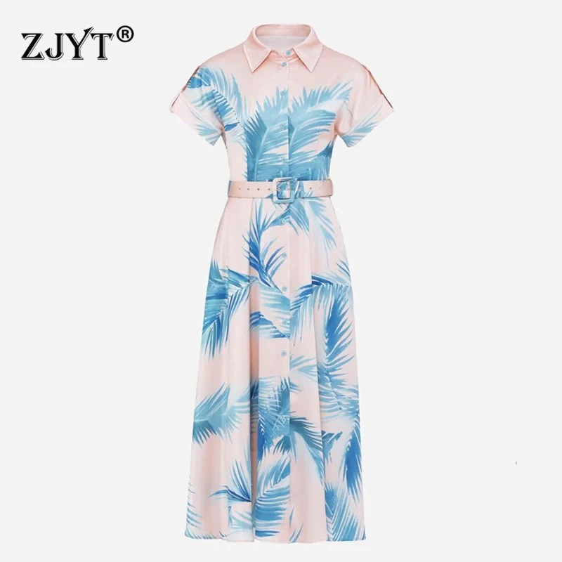 

Атласное однобортное платье ZJYT с отложным воротником и принтом, летние женские модные повседневные платья миди с коротким рукавом, праздничные платья 2024