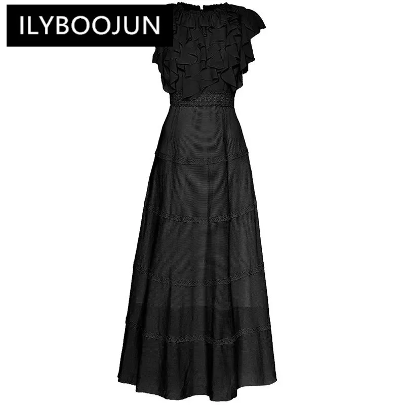 

ILYBOOJUN Fashion Women's New Round Neck Short Sleeved Flounced Edge Patchwork Breathable Mesh Long Formal Dresses Maxi Dress