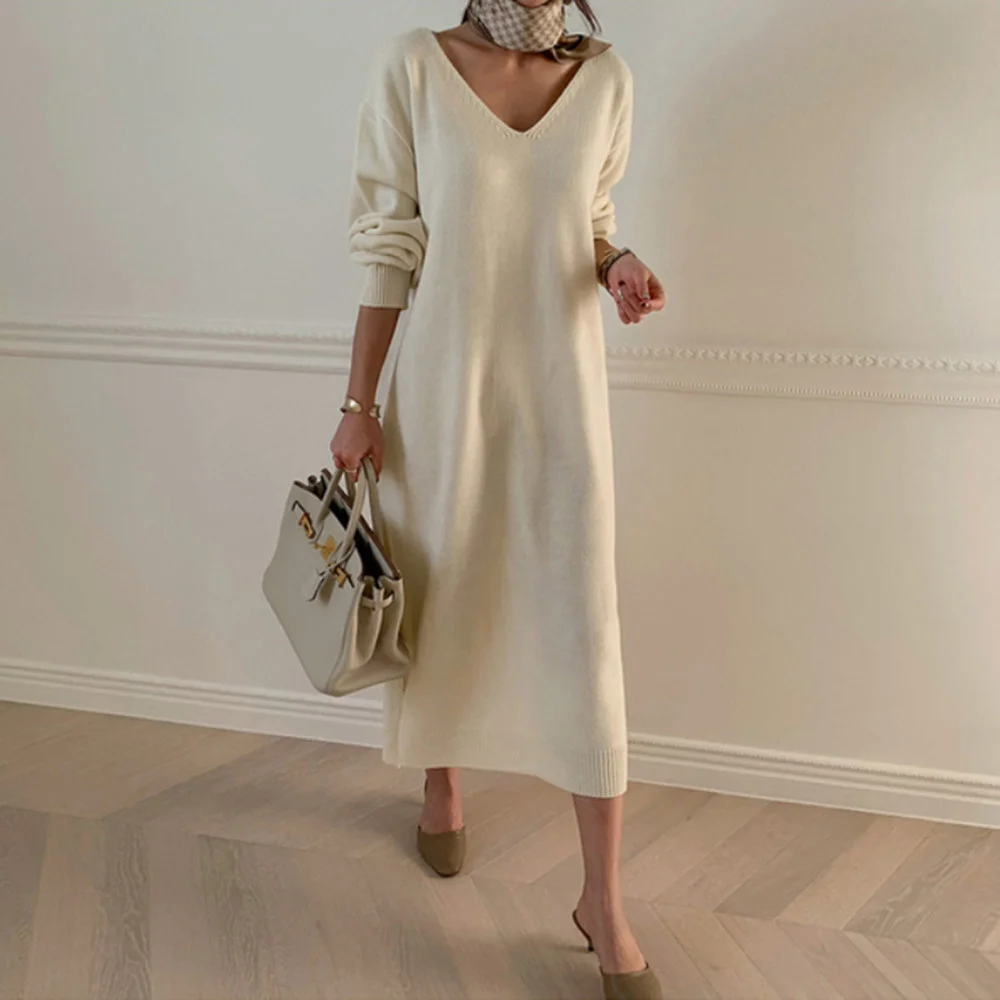 Casual Womens Dress 2022 New Korean Fashion Autumn Winter Split Fork V-neck Mid-length Solid Color Long Sleeve Knit Dress
Casual Womens Dress 2022 New Korean Fashion Autumn Winter Split Fork V-neck Mid-length Solid Color Long Sleeve Knit Dress