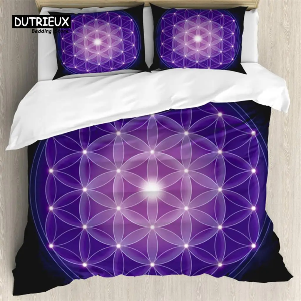 

Dark Blue Duvet Cover Flower of Life With Stars Geometry 3 Piece Bedding Set Abstract 3D Print Spiritual Symbol Sacr Quilt Cover