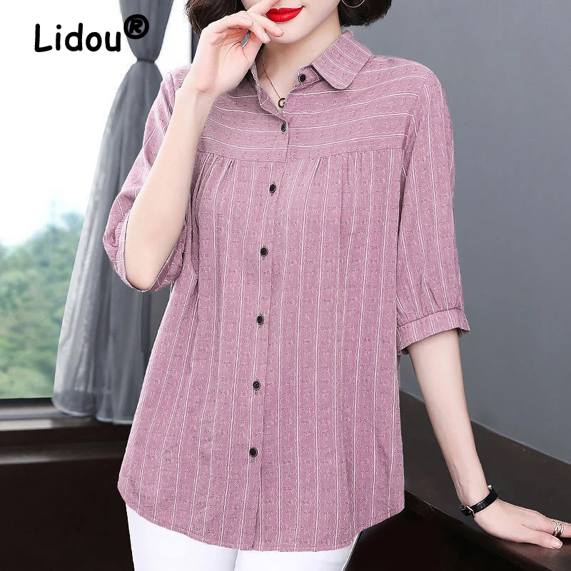 

Women's Korean Fashion Striped Print Short Sleeve Button Up Shirt 2023 Spring Summer Casual Loose Cotton Blouse Top Blusas Mujer