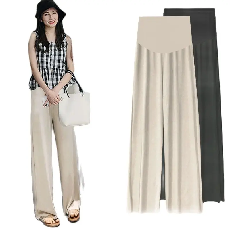 2024 spring pregnant women belly pants loose fashion leisure ice silk wide-legged pants black beige maternity straight trousers 
2024 spring pregnant women belly pants loose fashion leisure ice silk wide-legged pants black beige maternity straight trousers