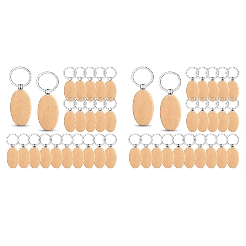 

100 Pieces Wooden Keychain Oval Wood Engraving Blanks Unfinished Wooden Key Ring Key Tag For DIY Gift Crafts (Oval)