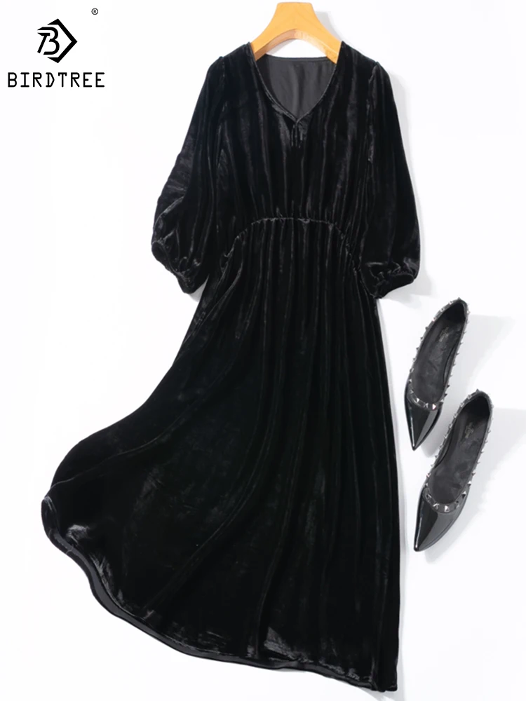 Birdtree 100%Mulberry Silk Vintage Velvet Dress Solid Color V-neck High Waist Balloon Sleeves Elegant A-line Skirt D30624QD
Birdtree 100%Mulberry Silk Vintage Velvet Dress Solid Color V-neck High Waist Balloon Sleeves Elegant A-line Skirt D30624QD