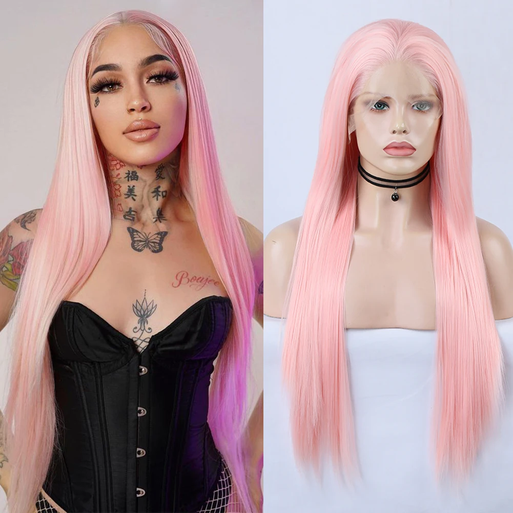 

AIMEYA Long Pink Wig Synthetic Lace Front Wigs Straight Wigs for Women Heat Resistant Fiber Synthetic Lace Wig Natural Hairline