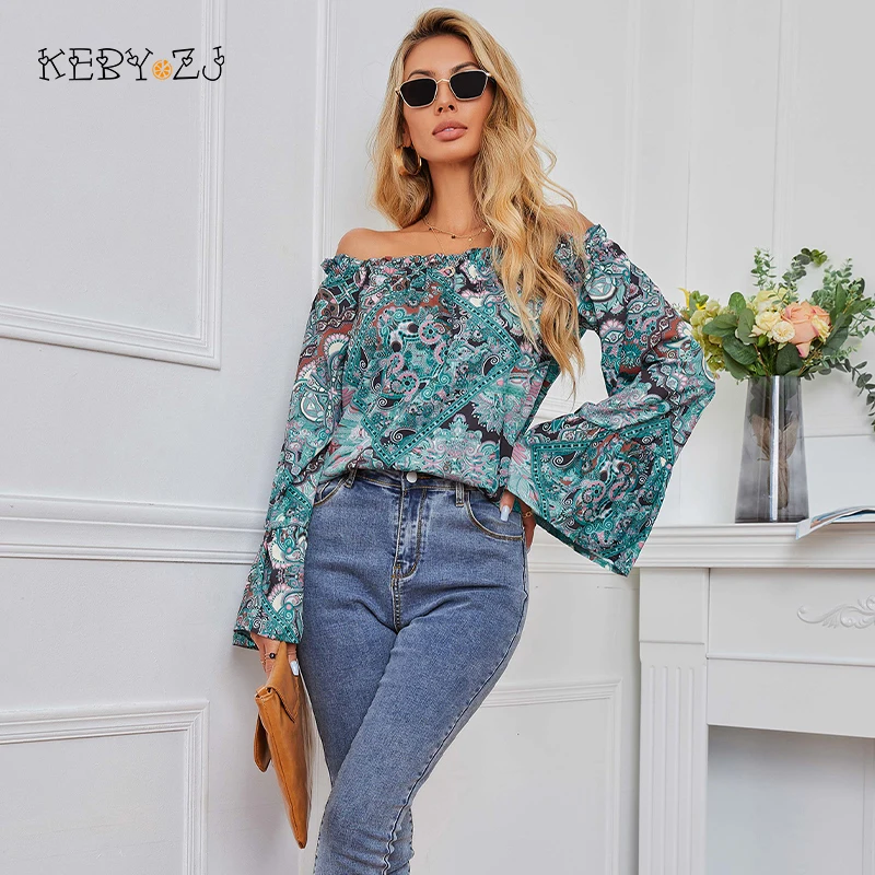 

KEBY ZJ модные женские блузки 2022 женская одежда винтажный Топ с длинным рукавом рубашка Повседневная Блузка с открытыми плечами и цветочным принтом