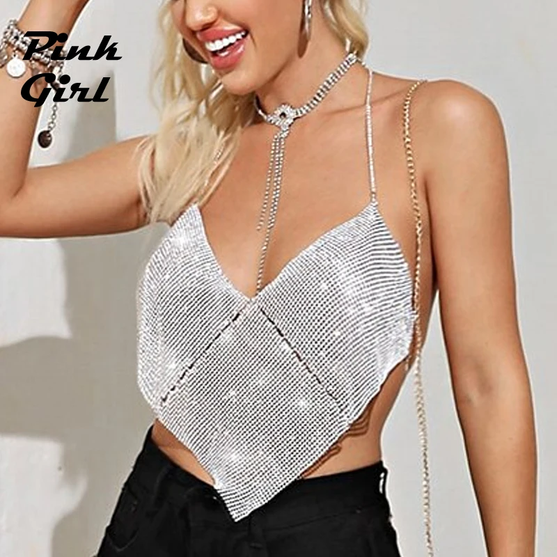 

Y2K V-neck Backless Glitter Metal Tops for Women Sexy Low Cut Night Club Outfits Party Rave Splice Heart-shaped Halter Top Camis