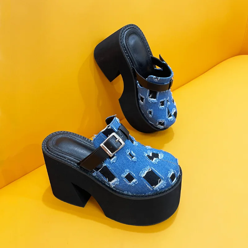 

Shoes For Women Sexy High Heel Slippers Thick-heeled Denim Ripped Toe Head Slippers Height Increasing Toe Shoes Plus Size 35-43
