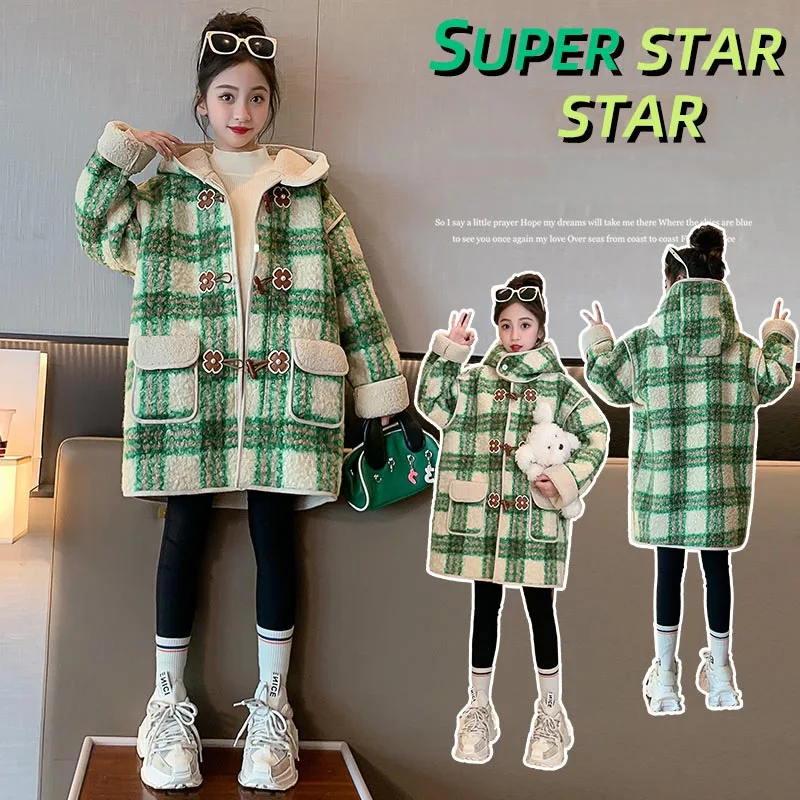 2023 Korean Winter Children Girl Long Woolen Coat Teenager Girl Windproof Warm Hooded Plaid Jacket Kids Girl Thicken Outwears
2023 Korean Winter Children Girl Long Woolen Coat Teenager Girl Windproof Warm Hooded Plaid Jacket Kids Girl Thicken Outwears