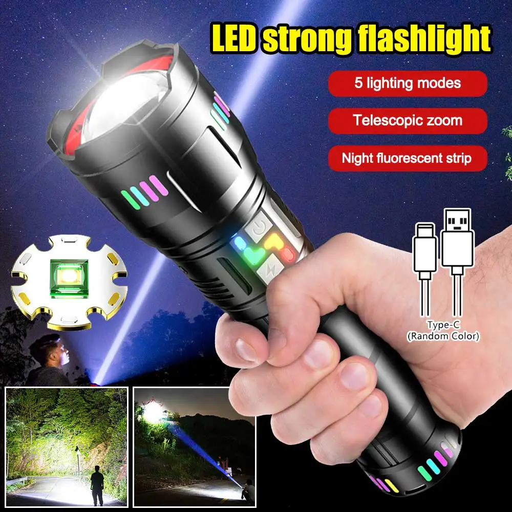 

High Power LED Flashlight Zoomable Type-C Rechargeable Tactical Torch Lamp Long Range Ultra Powerful Flashlight Camping Lantern