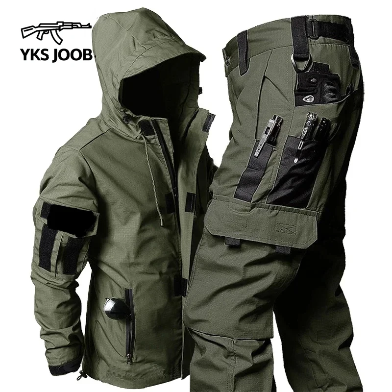 Spring Autumn Men's Military Tactics 2-piece Set Multi Pocket Zipper Wear Resistant Breathable Hooded Jacket Jogging Pants
Spring Autumn Men's Military Tactics 2-piece Set Multi Pocket Zipper Wear Resistant Breathable Hooded Jacket Jogging Pants