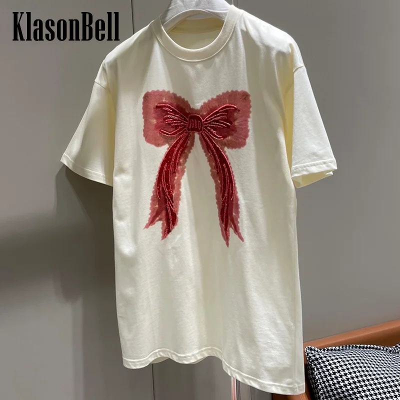 

4.15 KlasonBell Handmade Beading Sequins Embroidery Bowknot Print T-Shirt For Women Fashion Sweet Girl Short Sleeve Cotton Tee