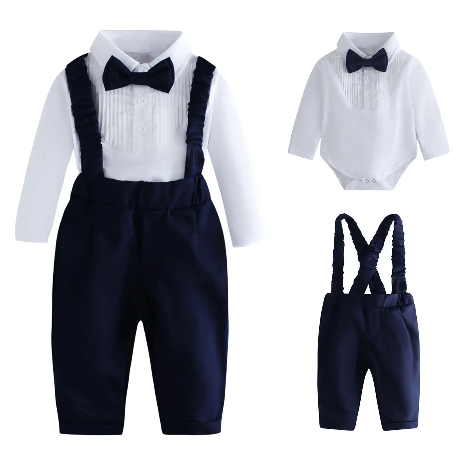 

TiaoBug Baby Boys Outfit Set Gentleman Formal Suit Long Sleeve Romper with Bow Ruched Suspender Pants for Christening Birthday