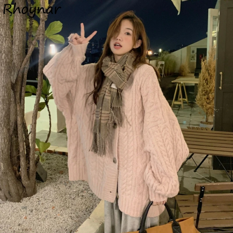 

Pink Cardigans Women Tender Sweet Girlish Autumn Winter Baggy Sweater Fashion Korean Style Leisure Campus Warm All-match Knitted